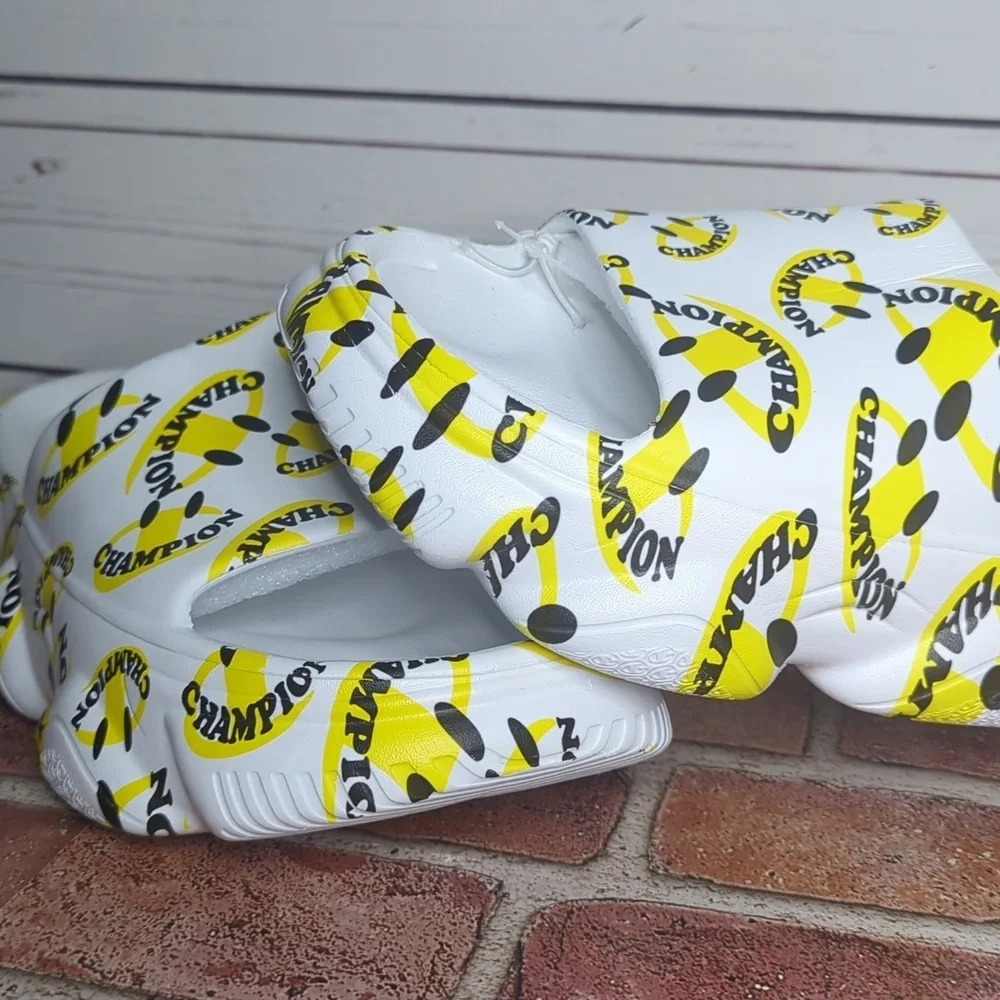 Champion Men's Meloso Squish Smile‎ White and Yellow Slide Slip On Sandals